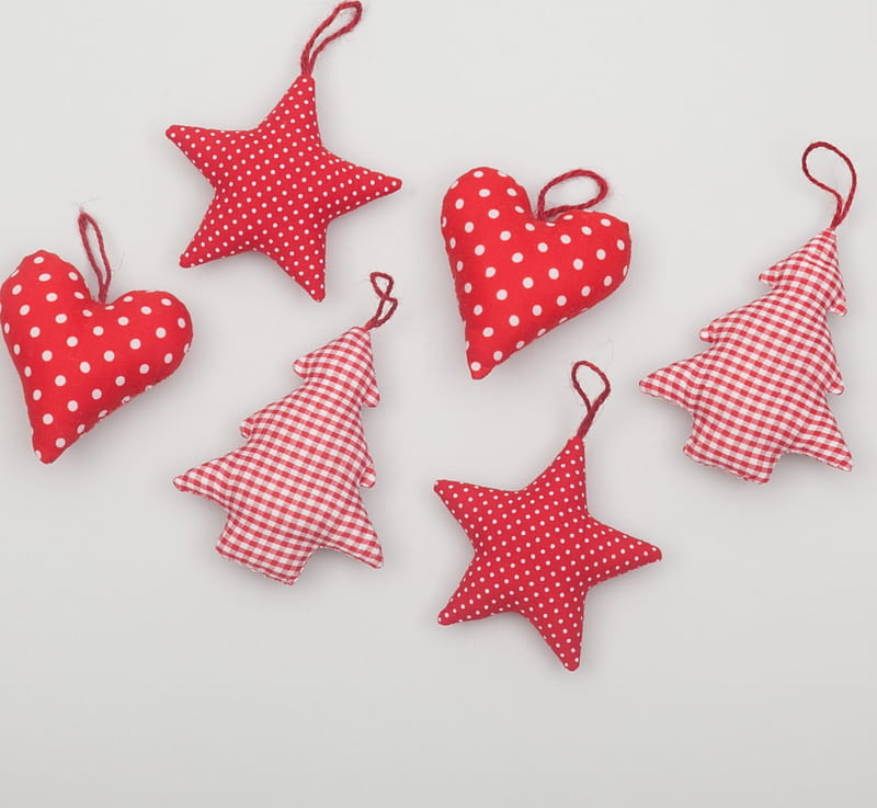 ~☆ Lovely Christmas Things ☆~, ornaments, red, stars, christmas tree, polka dots, white, corazones, HD wallpaper