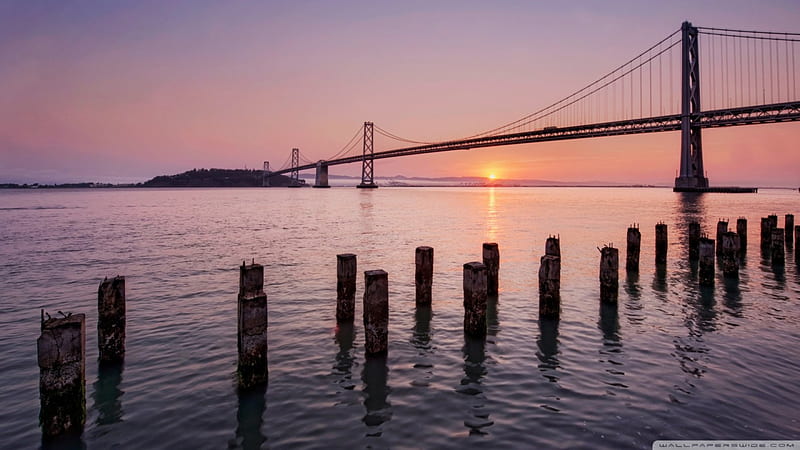bay bridge on a calm morning, dawn, bay, bridge, pier, HD wallpaper