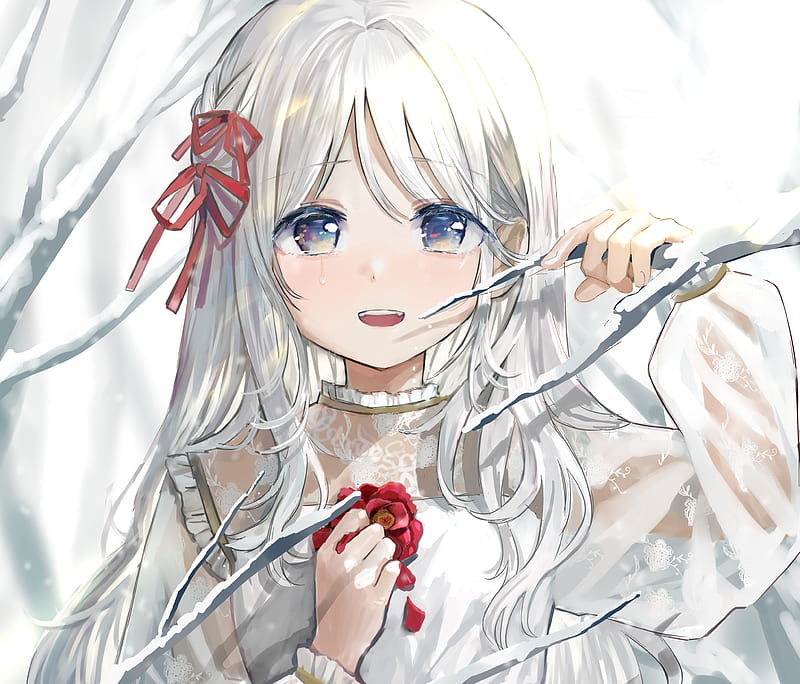 Anime, Original, Blue Eyes, Flower, Girl, Snow, Tears, White Hair, HD  wallpaper | Peakpx