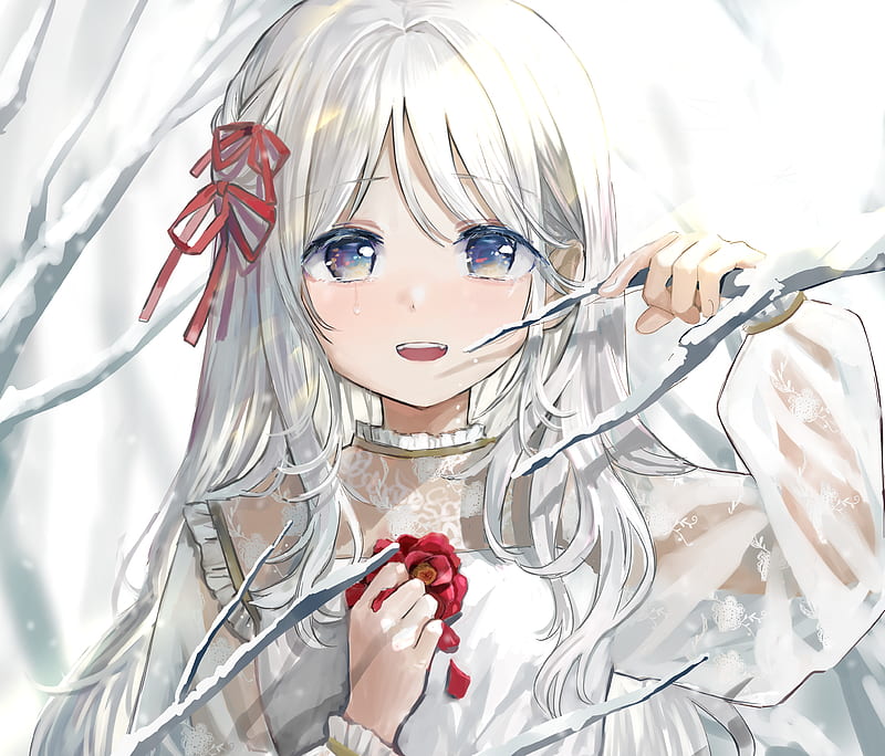 White Hair Blue Dress Flowers Princess Purple Eyes Anime Girl HD