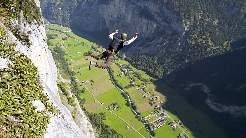 base jumping in amazing valley in switzerland, village, valley, mountains, skydiving, HD wallpaper