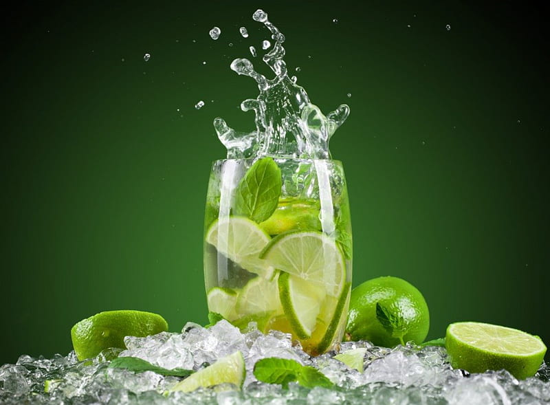 Refreshing drinks, glass, food, fruits, drinks, ice, lime, HD wallpaper