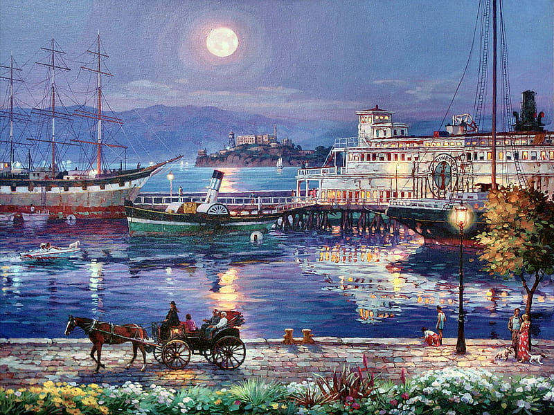 Full Moon over San Francisco F2, ships, marina, art, waterfront, cityscape, artwork, carriage, san francisco, painting, moonlight, scenery, HD wallpaper