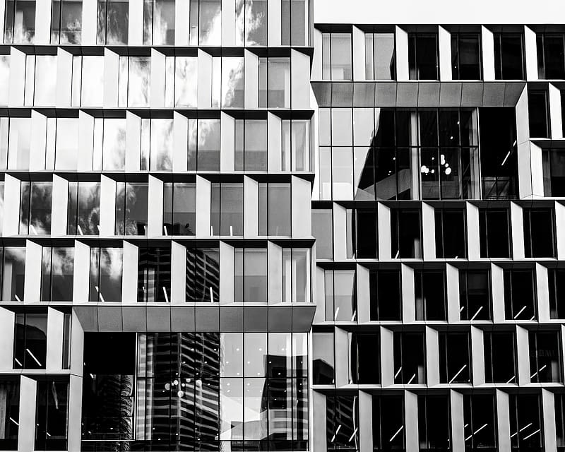 windows, glass, facade, building, black and white, HD wallpaper
