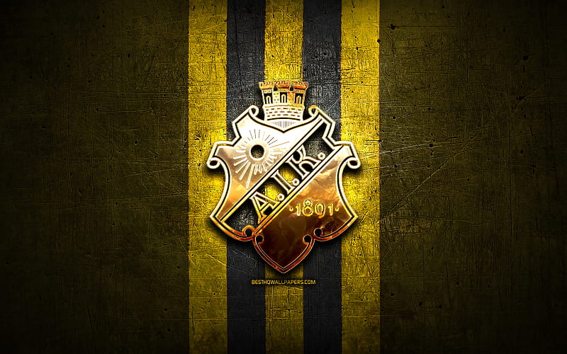 AIK FC, golden logo, Allsvenskan, yellow metal background, football, AIK, swedish football club, AIK logo, soccer, Sweden, HD wallpaper