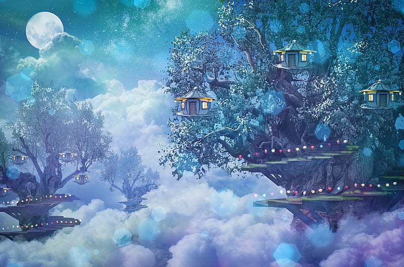 Moonlight, art, moon, fantasy, house, tree, elf, white, blue, moon, HD wallpaper