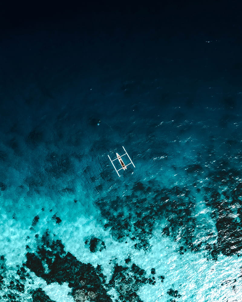 boat, reef, aerial view, sea, HD phone wallpaper