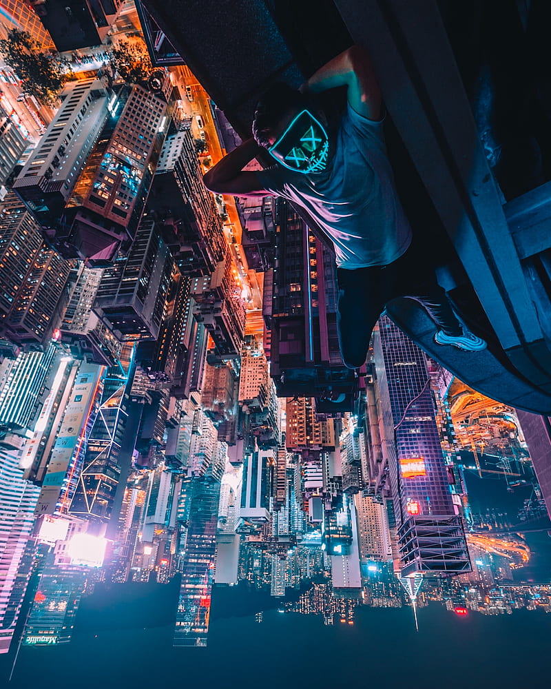 Simon Zhu, Hong Kong, mask, neon, rooftops, skyscraper, urban, architecture, cityscape, night, nightscape, city, Asia, upside down, China, HD phone wallpaper