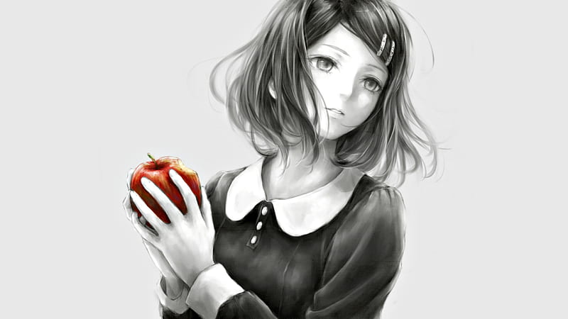 Red apple, apple, red, manga, black, nuwanko, fruit, girl, bw, anime, drawing, white, HD wallpaper
