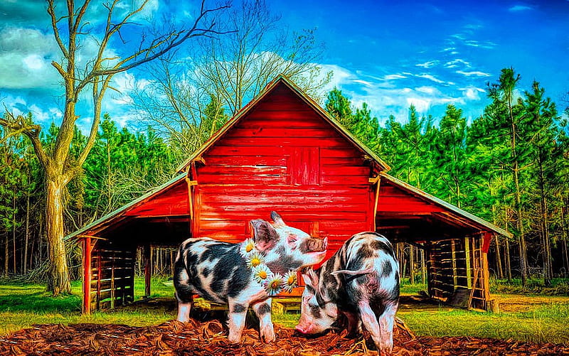 Happiness on the Farm, trees, barn, pigs, painting, funny, artwork, HD wallpaper