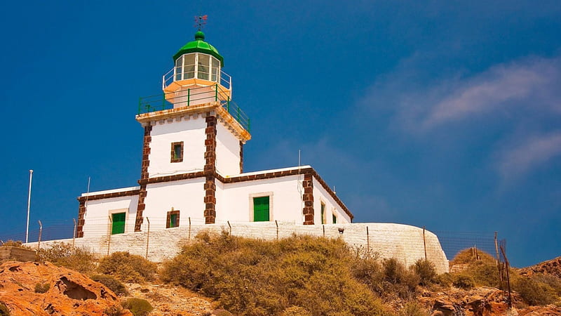 beautiful akrotiri lighthouse on the isle of santorini, cliff, sky, lighthouse, wjite, HD wallpaper