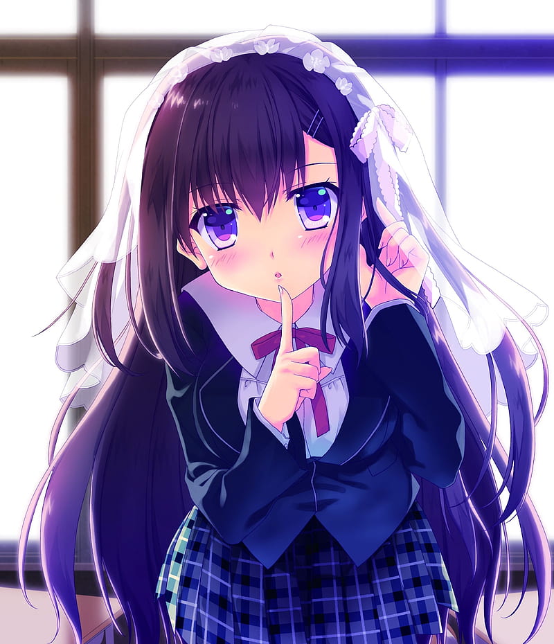 anime school girl, shhh, long hair, loli, classroom, bridal headdress, Anime, HD phone wallpaper