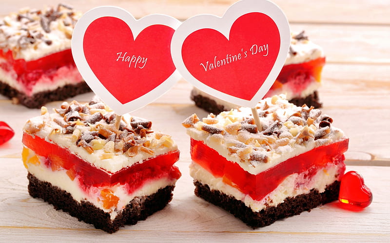 Happy Valentines Day, February 14, chocolate cakes, red hearts, romantic evening, HD wallpaper