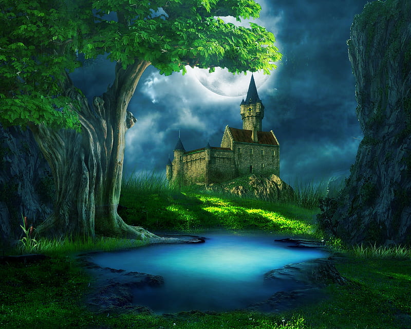 'Majestic Castle', grass, little lakes, premade BG, attractions in dreams, clouds, moon, green, stock , light, resources, blue, blue dreams, colors, love four seasons, creative pre-made, sky, trees, cool, plants, backgrounds, nature, castle, HD wallpaper