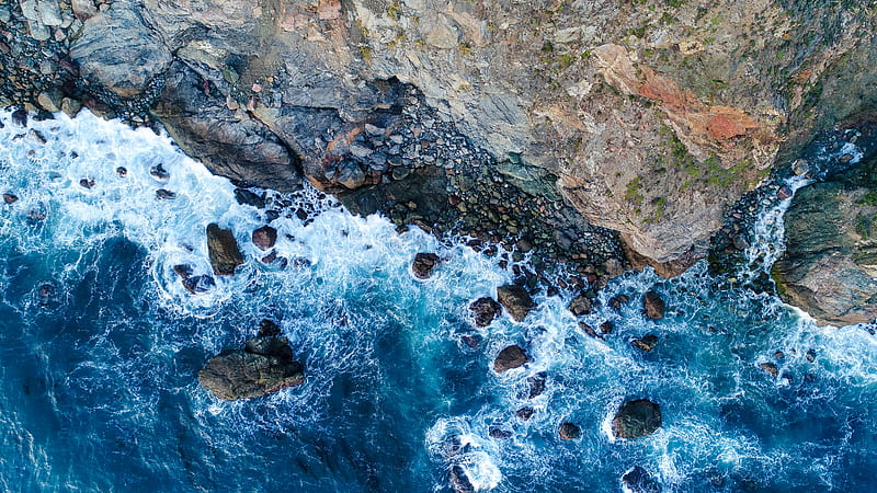 sea, coast, aerial view, rocks, water, HD wallpaper