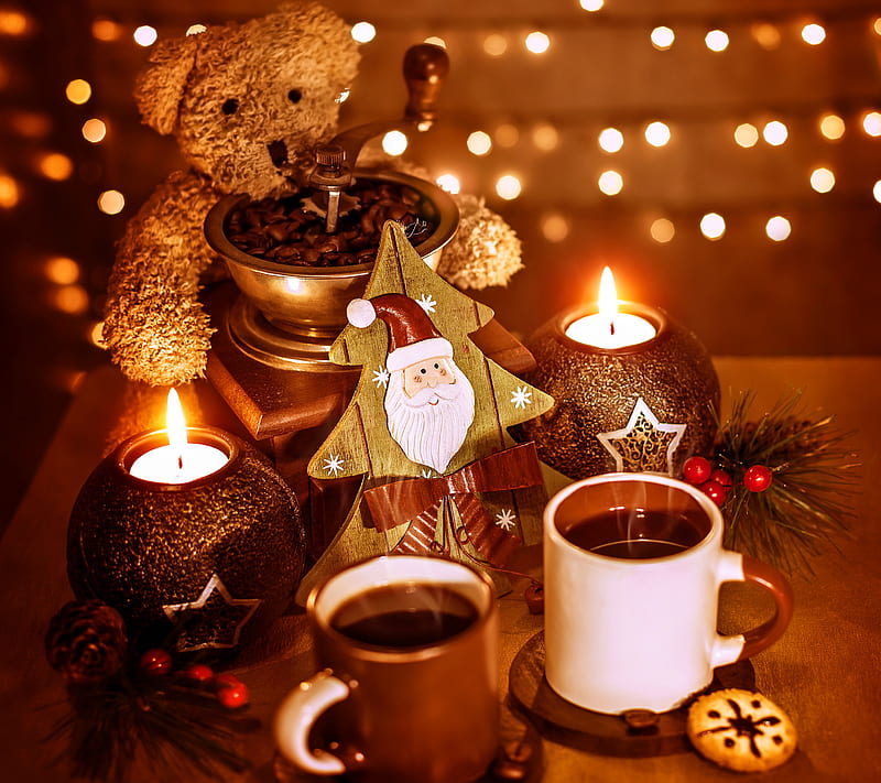 Christmas Time, candles, coffee, decor, lights, season, teddy, HD wallpaper