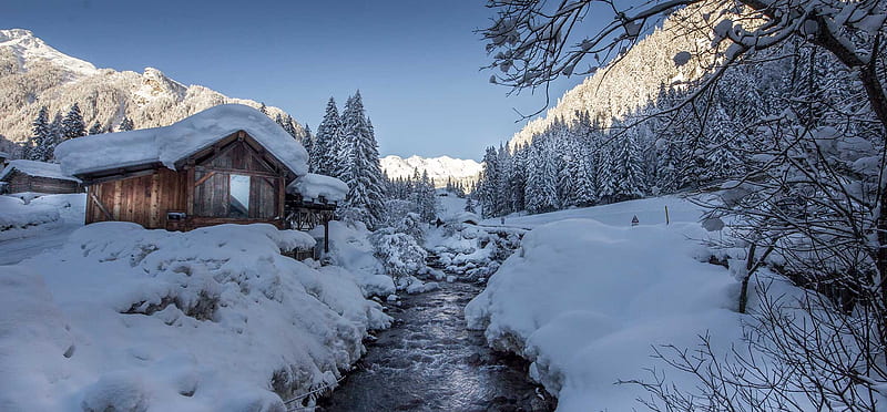 Winter in South Tyrol, Italy, snow, mountains, creek, cabin, alps, HD wallpaper Winter in South Tyrol, Italy, snow, mountains, creek, cabin, alps, HD wallpaper