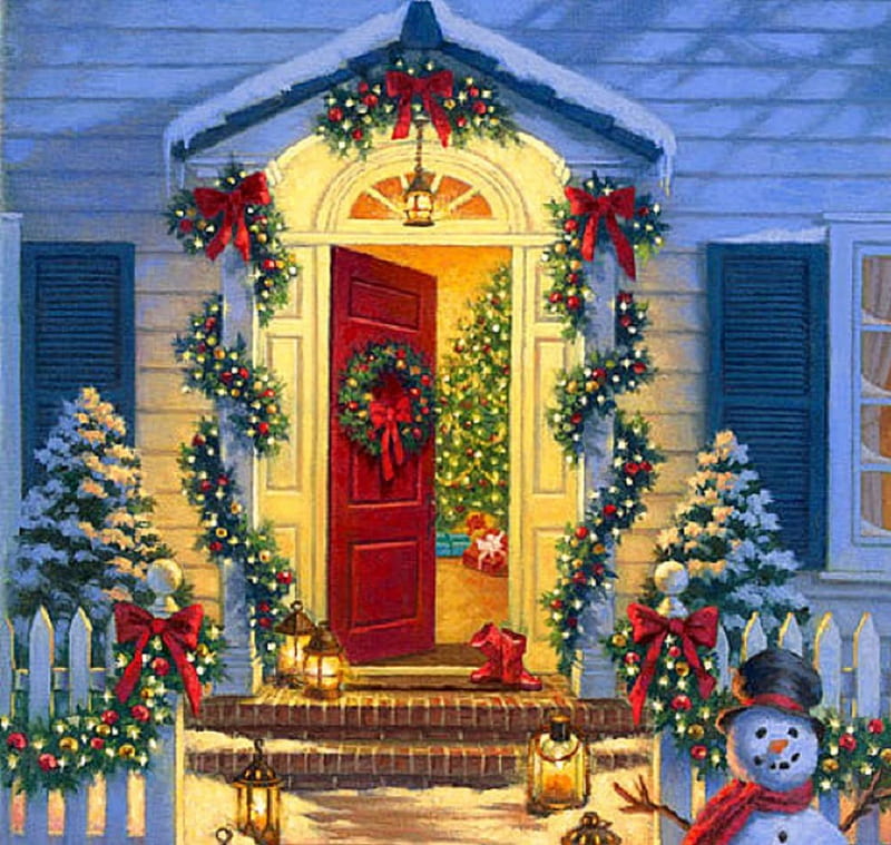 ★Christmas Porch★, pretty, Christmas, holidays, home, wreathes, bonito ...