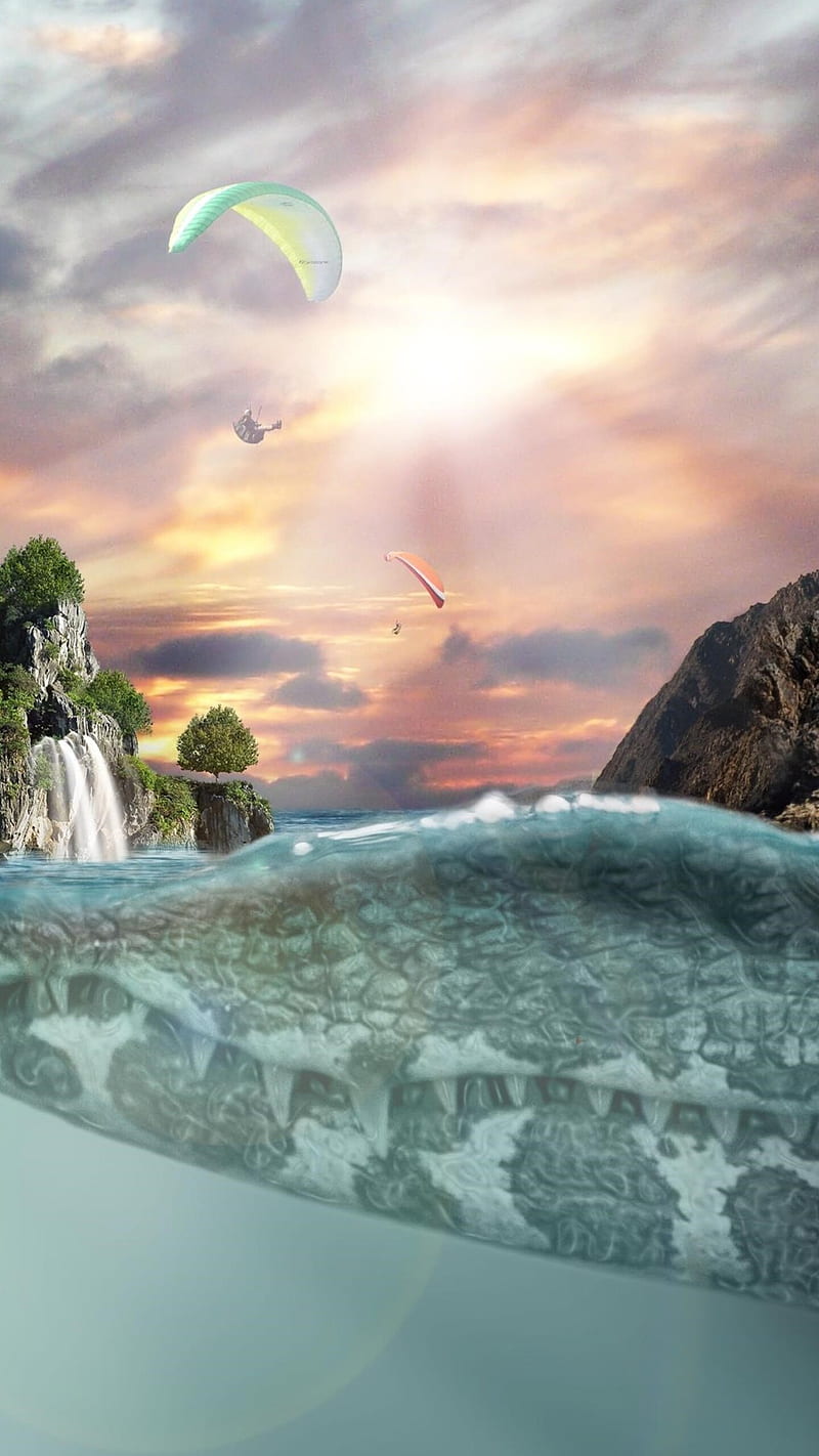 Sea island , sea island, fantasy, crocodile, nature, clouds, air balloon, HD phone wallpaper