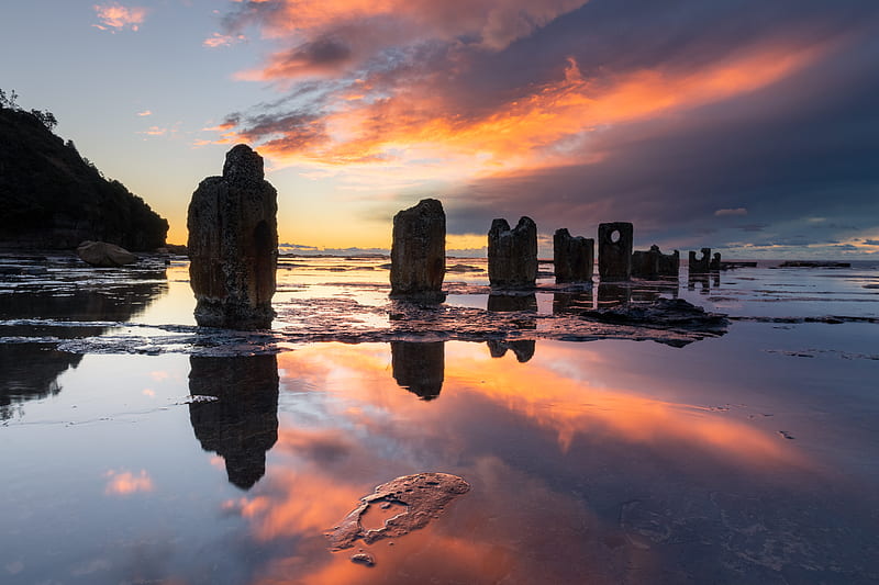 pillars, stones, water, reflection, nature, sunset, HD wallpaper