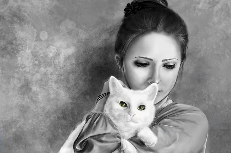 art, arms, paw, cat, woman, animal, girl, love, drawing, painting, face, eyes, friends, HD wallpaper