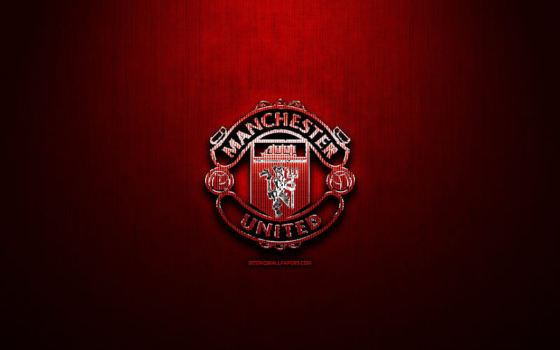 Manchester United FC, red metal background, Premier League, english football club, fan art, Manchester United logo, football, soccer, Manchester United, England, HD wallpaper