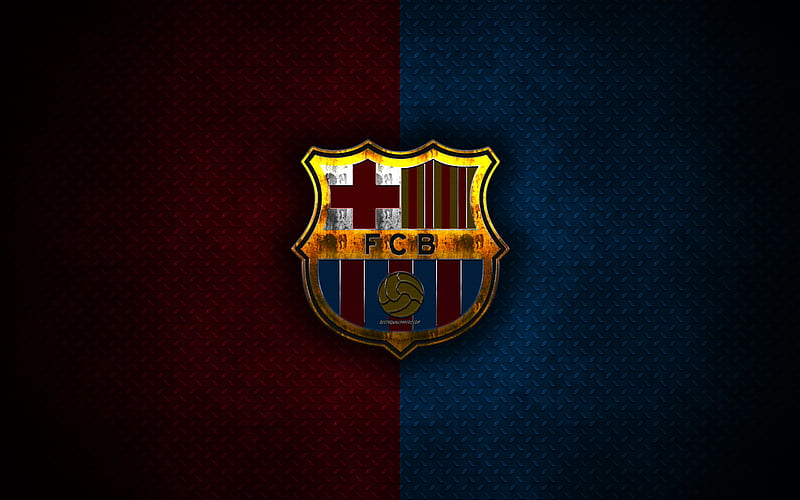 Barcelona FC, metal logo, creative art, Catalan football club, emblem, maroon blue metal background, La Liga, Barcelona, Catalonia, Spain, football, HD wallpaper