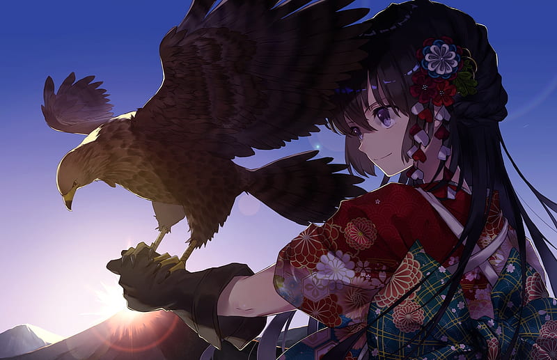 eagle, anime girl, kimono, profile view, brown hair, sunlight, gloves, Anime, HD wallpaper