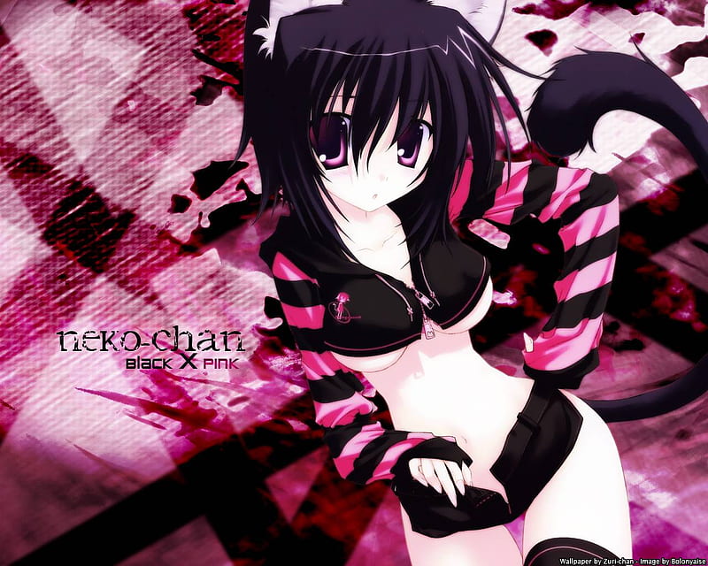 Nanao Naru, pink x black, purple eyes, cat girl, tail, HD wallpaper