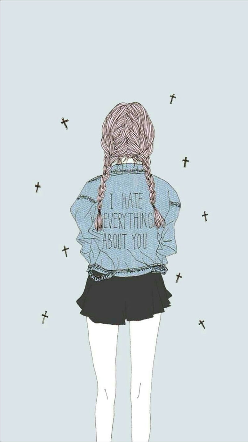 I hate-love u, braids, cute, drawing, girl, jean jacket, HD phone wallpaper