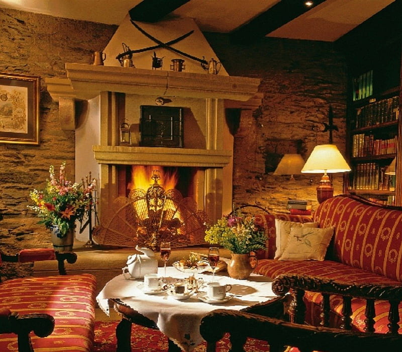 tea time by fireplace, interior, fireplace, architecture, tea time, HD wallpaper
