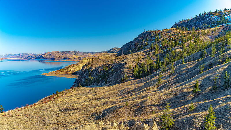 Coast Rocks Hills Near Body Of Water Under Blue Sky Nature, HD wallpaper