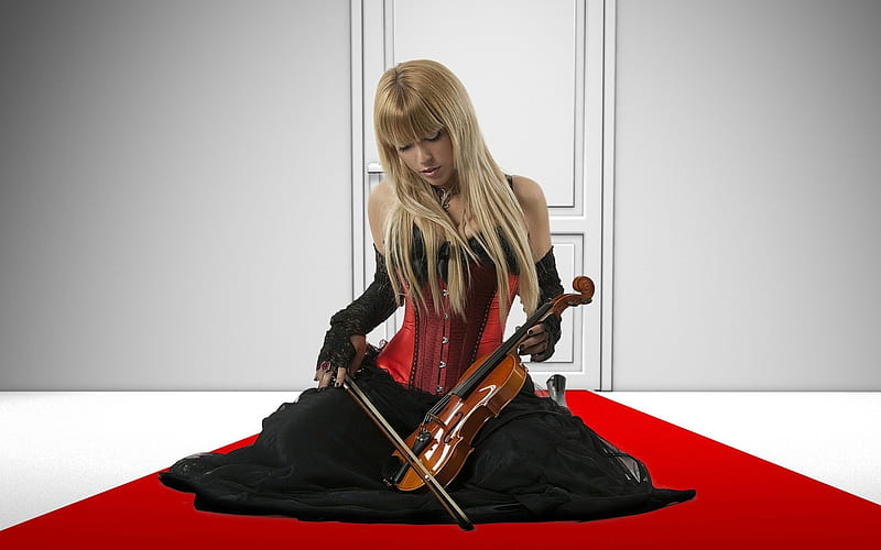 The violin, red, violin, dress, music, blonde, carpet, woman, hair, girl, beauty, HD wallpaper