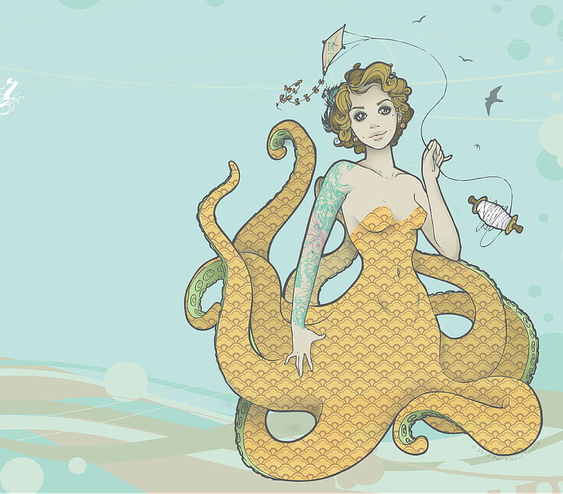 Octopus, girl, kite, mermaid, nouveau, vintage, HD wallpaper