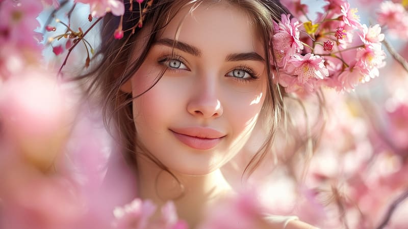 :), sakura, model, woman, girl, spring, face, flower, pink, HD wallpaper