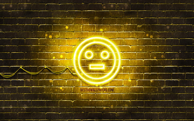 Neutral neon icon yellow background, smiley icons, Neutral Emotion, neon symbols, Neutral, neon icons, Neutral sign, emotion signs, Neutral icon, emotion icons, HD wallpaper