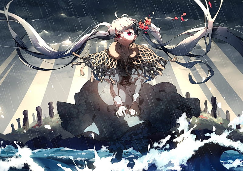 I am coming, dress, gray hair, bonito, clouds, evemace, ights, anime, flowers, beauty, anime girl, long hair, female, sunlight, twintails, sky, water, dark, rain, dark clouds, red eyes, HD wallpaper
