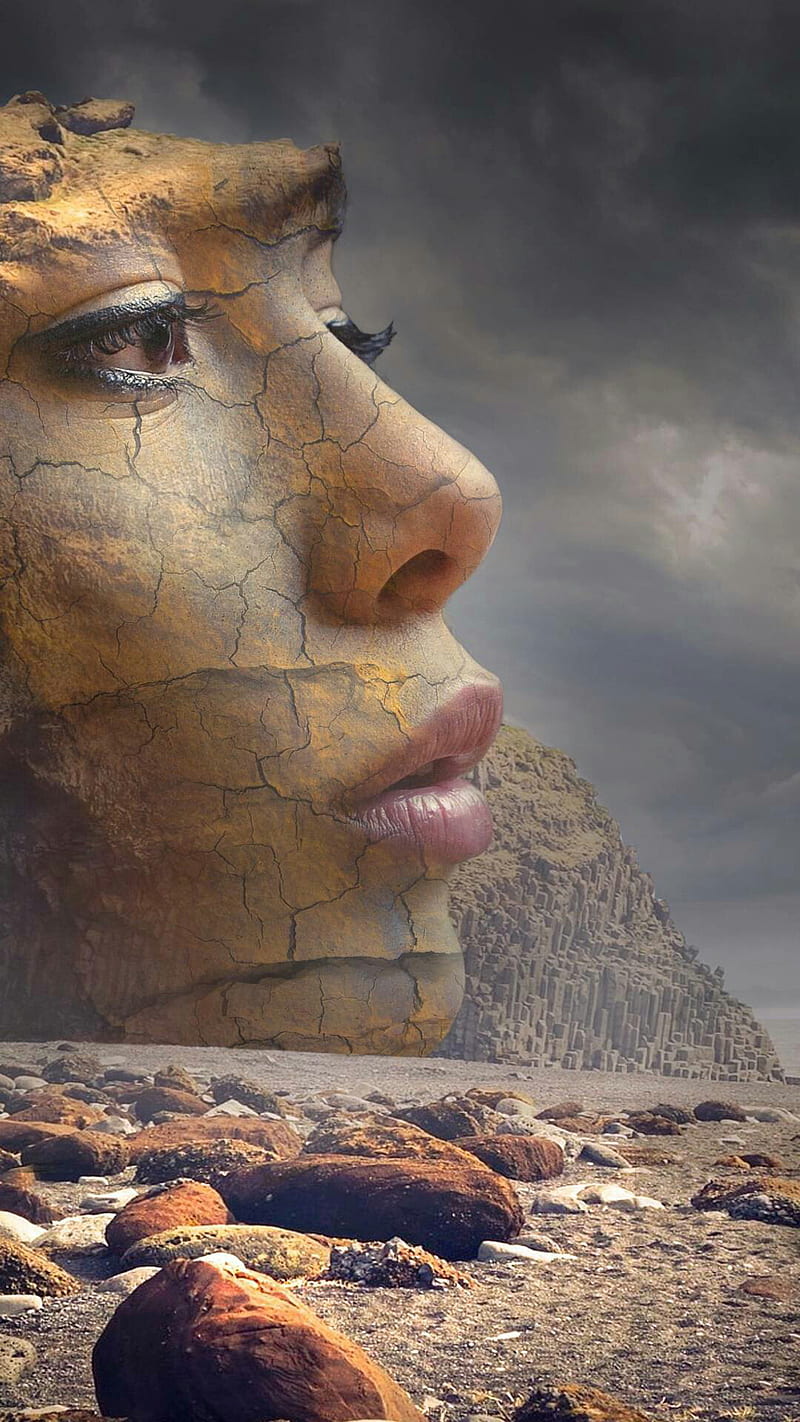 Cracked statue, art, face, fantasy, girl, rock, stone, HD phone wallpaper