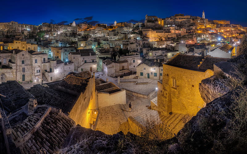 Sasso Caveoso, Matera, old town, evening, night, cityscape, old buildings, Italy, HD wallpaper