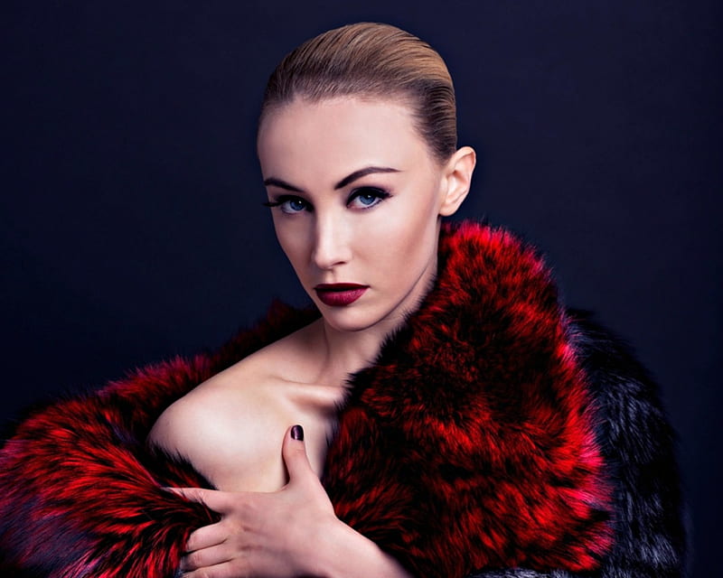 Sarah Gadon, red, woman, winter, girl, actress, fashion, fur, blue, HD wallpaper