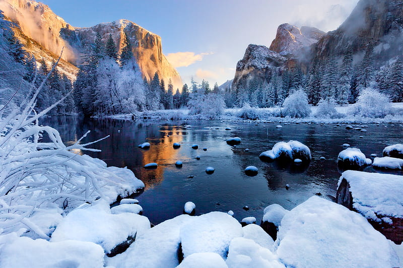 Yosemite River, water, snow, mountains, ice, valley, HD wallpaper