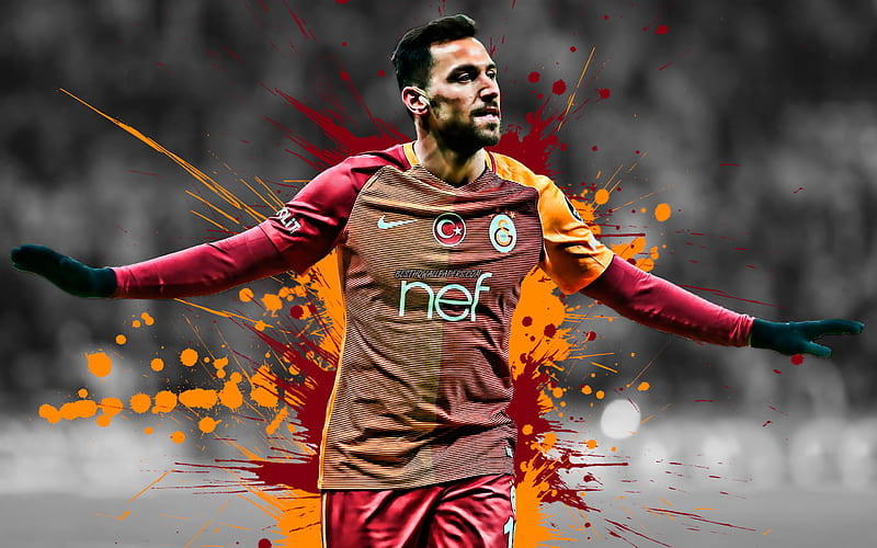 Sinan Gumus Turkish football player, Galatasaray, striker, maroon orange paint splashes, creative art, Turkey, football, grunge, HD wallpaper