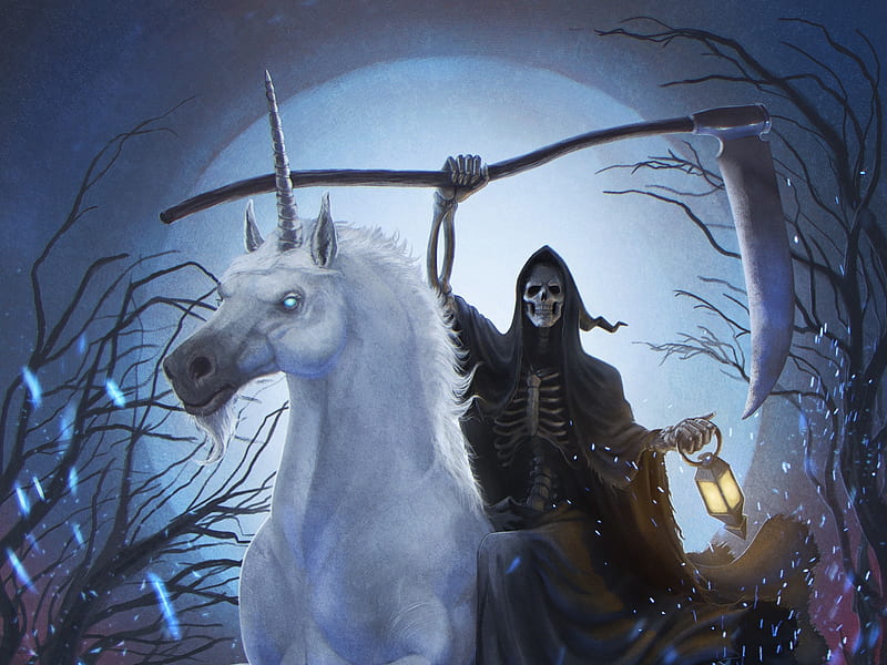 Death rides an unicorn, white, tdcart, art, death, moon, halloween, unicorn, black, sal vador thedarkcloak, moon, fantasy, tdc, night, blue, HD wallpaper