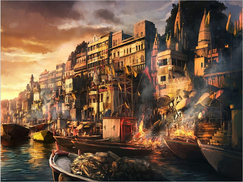 Fire in the Town on the River, fire, water, arhitecture, town, drawing, river, HD wallpaper