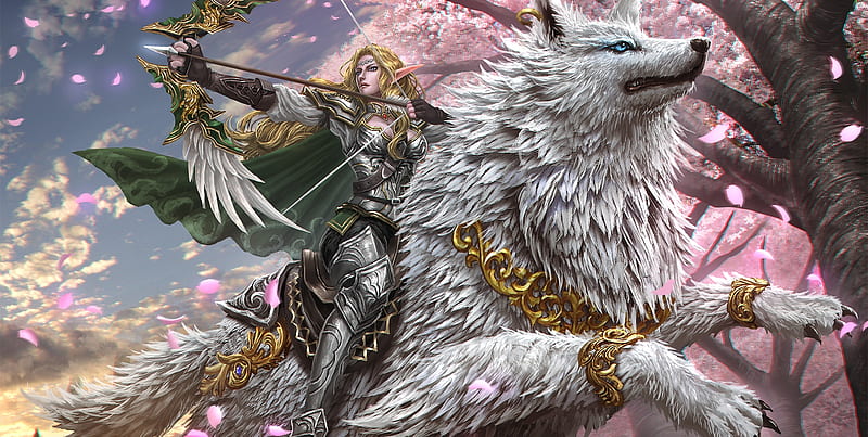:-), pink, archer, dog, luminos, elf, caine, zel, fantasy, ze l, year of the dog, girl, lup, wolf, white, HD wallpaper