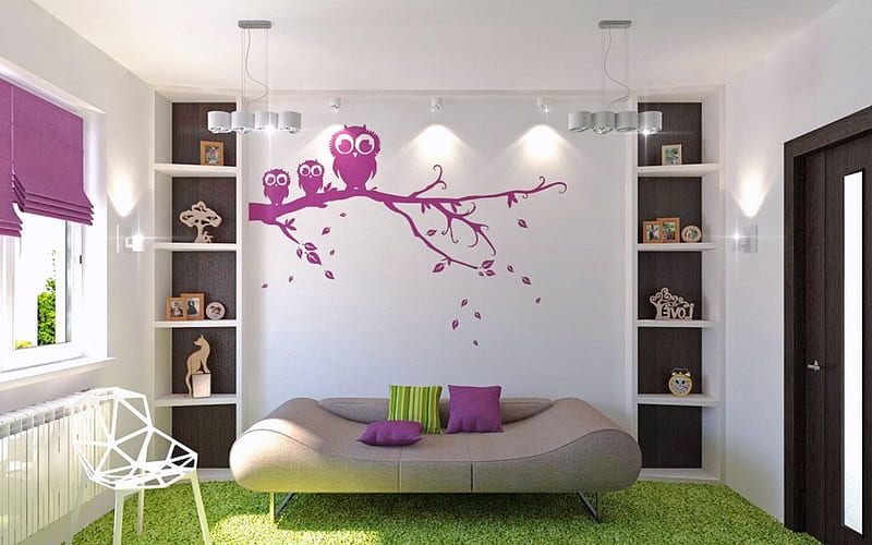 modern stylish interior, childrens room, interior design, minimalism style, drawings on the walls, HD wallpaper