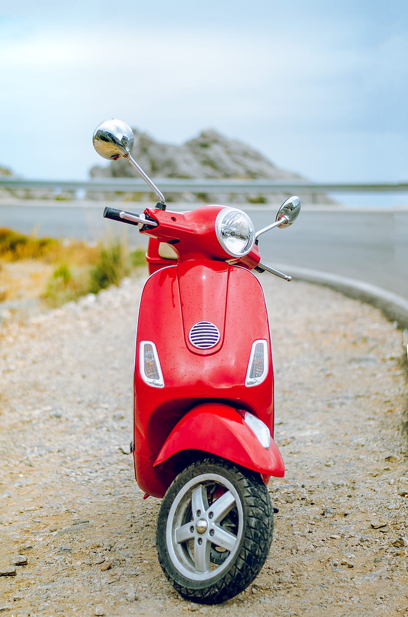 red Vespa motor scooter on side of the road, HD phone wallpaper