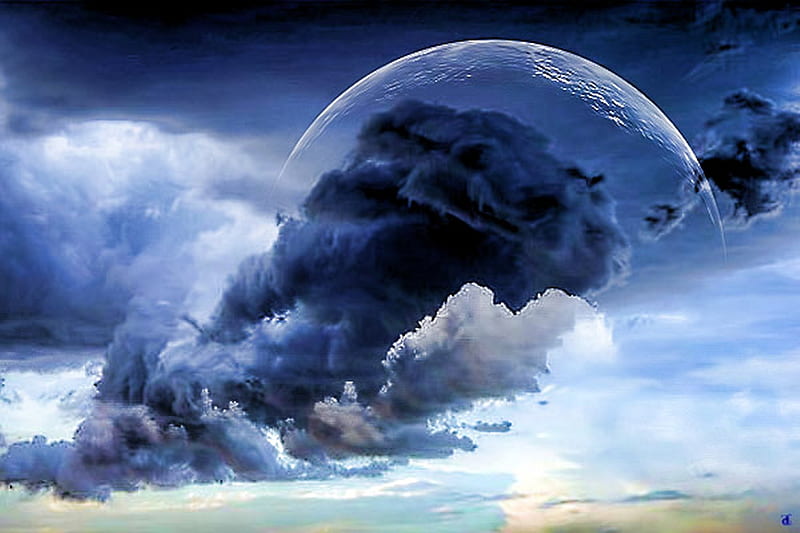 Turbulent skies, planet, cg, churning clouds, sky, blue, HD wallpaper