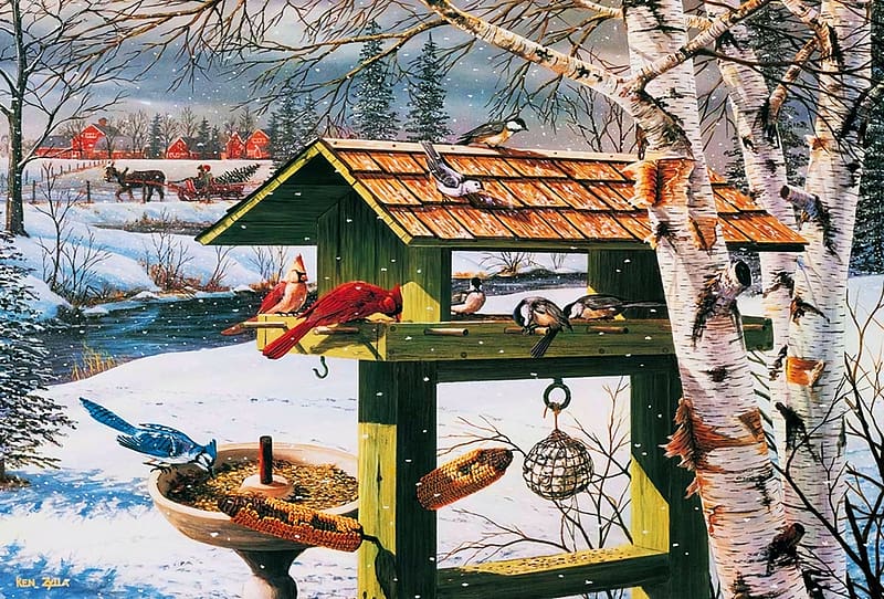 Backyard Banquet , birds, snow, artwork, painting, einter, trees, HD wallpaper