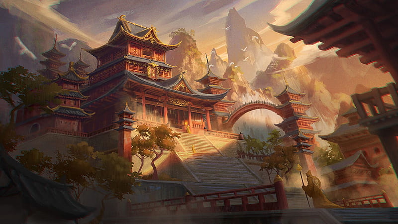 Temple, fantasy, world, art, luminos, shusei sasaya, HD wallpaper